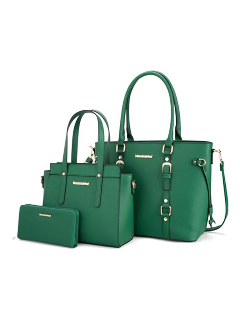 Green Tote Bag Set Women 3pc Pu Leather Shoulder Satchel Handbag Wallet Purse